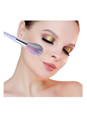 new Unicorn Horn ༄ 10 Piece Kabuki Makeup Brush Set ༄ Pearl ༄ Pink Hologram Case